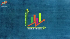A graph comparing index funds, featuring colorful bars and a rising arrow on a blue textured background, with the words "COMPARISON" on the vertical axis and "INDEX FUNDS" on the horizontal axis.
