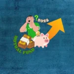 A cartoon man lying on his back with a question mark beside his head, 2025 written above, and a piggy bank with a bundle of currency notes and an upward arrow in front, symbolizing tips on choosing the best mutual funds in 2025.