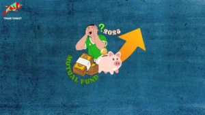 A cartoon man lying on his back with a question mark beside his head, 2025 written above, and a piggy bank with a bundle of currency notes and an upward arrow in front, symbolizing tips on choosing the best mutual funds in 2025.