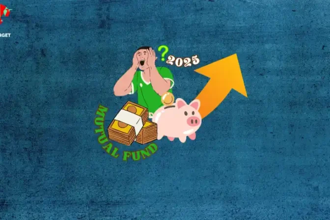 A cartoon man lying on his back with a question mark beside his head, 2025 written above, and a piggy bank with a bundle of currency notes and an upward arrow in front, symbolizing tips on choosing the best mutual funds in 2025.