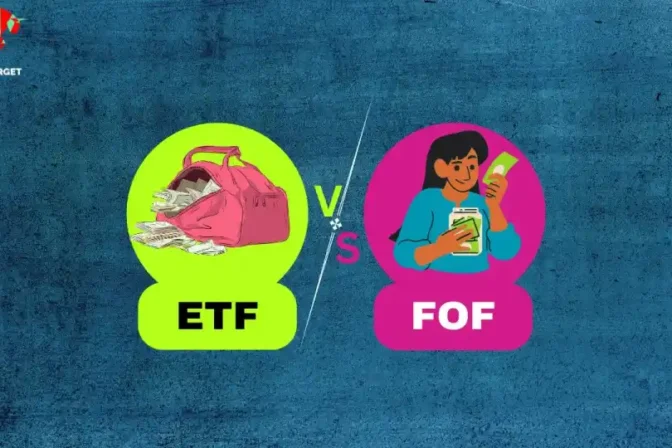 A visual comparison of ETFs and Funds of Funds (FOFs), showing a bag of money for ETFs and a person holding money for FOFs.