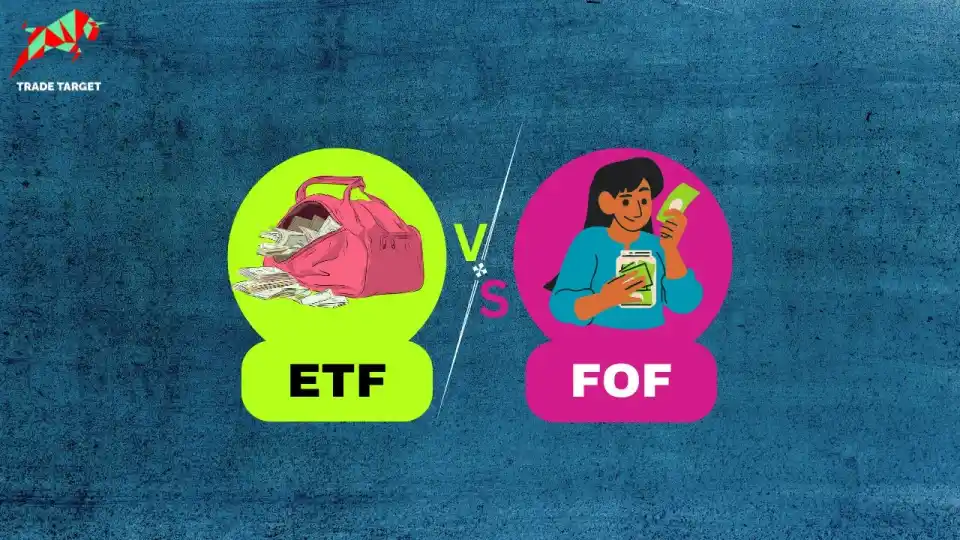 A visual comparison of ETFs and Funds of Funds (FOFs), showing a bag of money for ETFs and a person holding money for FOFs.