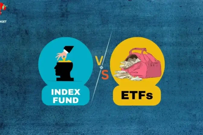 Comparison of Index Funds and ETFs, highlighting the concepts of "Index Fund" and "ETFs" with visual elements.