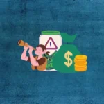 A digitally illustrated image featuring a character looking through a telescope, a jar with a warning symbol, a green money bag with a dollar sign, and a stack of gold coins. The background is textured blue with the "TRADE TARGET" logo in the top left corner.