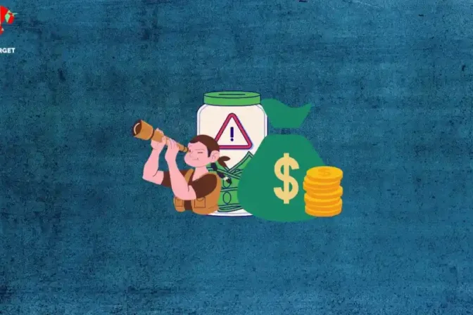 A digitally illustrated image featuring a character looking through a telescope, a jar with a warning symbol, a green money bag with a dollar sign, and a stack of gold coins. The background is textured blue with the "TRADE TARGET" logo in the top left corner.