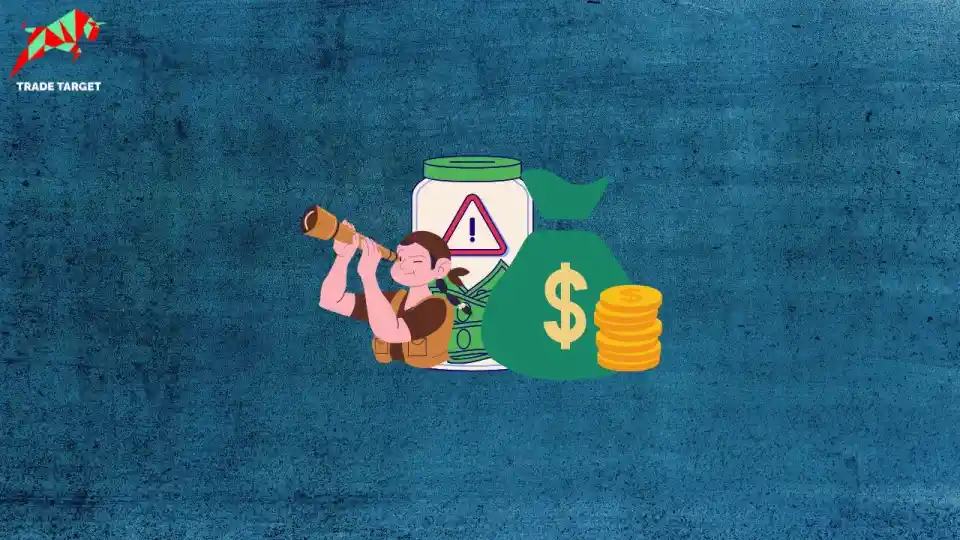 A digitally illustrated image featuring a character looking through a telescope, a jar with a warning symbol, a green money bag with a dollar sign, and a stack of gold coins. The background is textured blue with the "TRADE TARGET" logo in the top left corner.