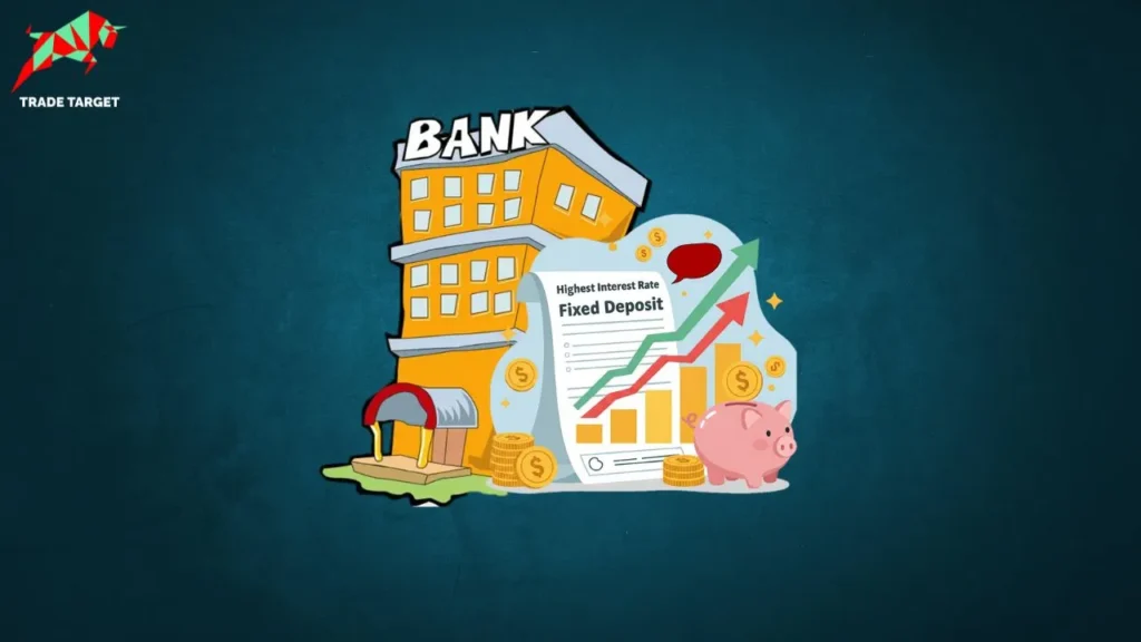 Illustration of a bank building with a document showing 'Highest Fixed Deposit Rate,' a piggy bank, coins, and a rising graph, representing finding the best interest rates for fixed deposits.