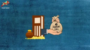 Illustration of a hand holding a money bag labeled "Margin Call," positioned near an open door and a pot of gold coins, representing the concept of margin calls in investing.