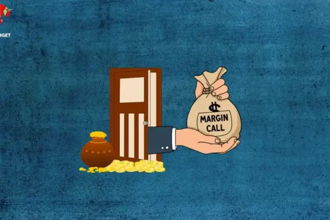 Illustration of a hand holding a money bag labeled "Margin Call," positioned near an open door and a pot of gold coins, representing the concept of margin calls in investing.