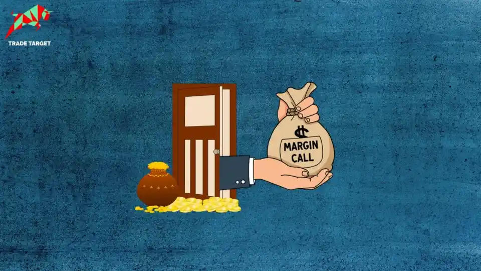 Illustration of a hand holding a money bag labeled "Margin Call," positioned near an open door and a pot of gold coins, representing the concept of margin calls in investing.