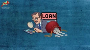 A digital illustration featuring a man with a magnifying glass looking at a calculator, alongside a "LOAN" sign and a bag with silver coins, signifying the concept of understanding margin loan interest costs and calculations.
