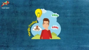 A digital illustration featuring a person with a thoughtful expression, a lightbulb representing ideas, a cloud-like shape with a money bag inside, and the labels "Pros" and "Cons," all related to the concept of margin trading, with the text "Margin Trading" written along the side.
