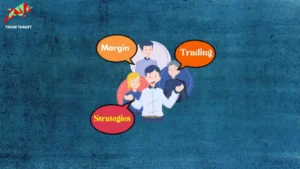 A digital image showing a group of people in a huddle with speech bubbles containing the words "Margin," "Trading," and "Strategies," representing a collaborative discussion on margin trading strategies.