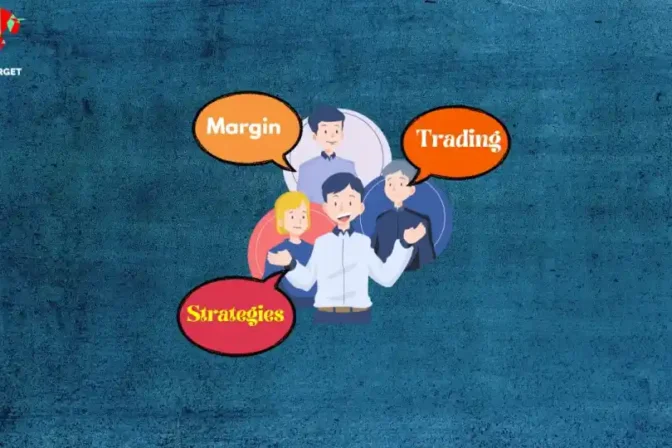 A digital image showing a group of people in a huddle with speech bubbles containing the words "Margin," "Trading," and "Strategies," representing a collaborative discussion on margin trading strategies.