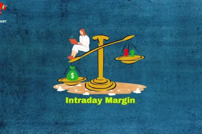 A graphic depicting a trader sitting on a weighing scale balanced by a money bag on one side and a rising green arrow on the other, representing the balance of risk and potential reward in intraday margin trading, with the text "Intraday Margin" below.