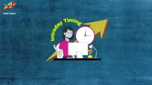 Digital art showing a woman working on a computer next to a clock and hourglass, with a yellow arrow pointing upwards and the text "Intraday Timing," representing the time-sensitive nature of day trading for potential gains.