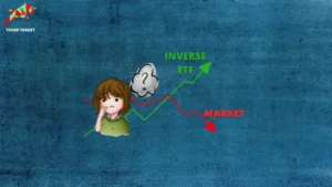 A cartoon illustration depicting a confused person standing between two diverging lines. The red line, labeled "MARKET," slopes downwards with a red arrow pointing down. The green line, labeled "INVERSE ETF," slopes upwards with a green arrow pointing up. The person has a thought bubble with a question mark above their head. The background is a textured blue. In the upper left corner is a logo with a stylized animal and the text "TRADE TARGET."