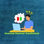 A graphic depicting a trader analyzing a laptop screen displaying an Inverted Hammer candlestick pattern, with question marks above their head indicating inquiry, and the text "Inverted Hammer Candlestick" below.