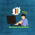Digital art showing a trader in front of a computer screen displaying a red and green Marubozu candlestick, with yellow question marks above the trader's head, and the label "Marubozu Candlestick" at the bottom. This represents a trader trying to understand the Marubozu pattern.