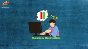 Digital art showing a trader in front of a computer screen displaying a red and green Marubozu candlestick, with yellow question marks above the trader's head, and the label "Marubozu Candlestick" at the bottom. This represents a trader trying to understand the Marubozu pattern.