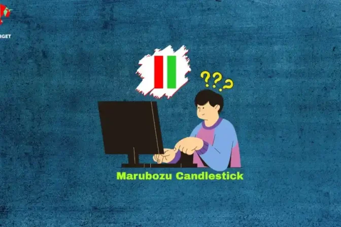 Digital art showing a trader in front of a computer screen displaying a red and green Marubozu candlestick, with yellow question marks above the trader's head, and the label "Marubozu Candlestick" at the bottom. This represents a trader trying to understand the Marubozu pattern.