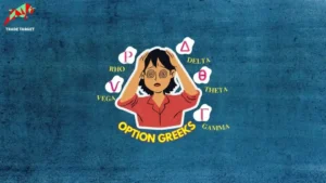 A cartoon drawing depicts a person with swirling eyes and hands clutching their head in distress, surrounded by the Greek letters Delta (Δ), Theta (Θ), Gamma (Γ), Vega (V), and Rho (P). The words "OPTION GREEKS" are prominently displayed below the person.