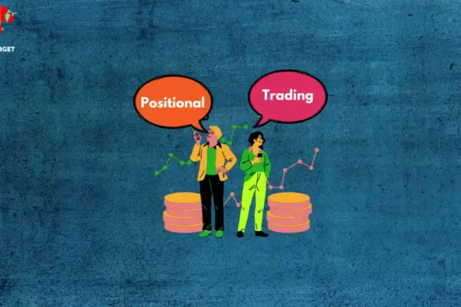Two cartoon figures stand on stacks of coins with upward trending graphs behind them. The figure on the left has an orange speech bubble saying "Positional" above their head, while the figure on the right has a pink speech bubble saying "Trading".
