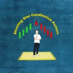 A person stands under a curved text banner that reads "Shooting Star Candlestick Pattern," with green upward-pointing candlesticks on the left and red downward-pointing candlesticks on the right, visually representing a bearish reversal pattern.