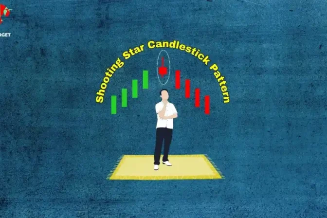A person stands under a curved text banner that reads "Shooting Star Candlestick Pattern," with green upward-pointing candlesticks on the left and red downward-pointing candlesticks on the right, visually representing a bearish reversal pattern.