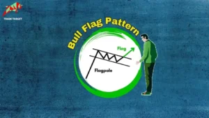 Illustration of a Bull Flag Pattern showing a flagpole and a flag with an upward breakout arrow, observed by a man in green.
