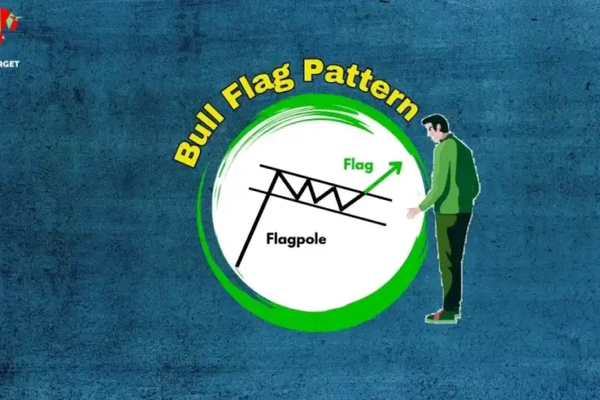 Illustration of a Bull Flag Pattern showing a flagpole and a flag with an upward breakout arrow, observed by a man in green.