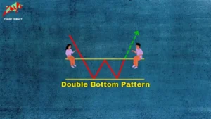 Illustration of a double bottom pattern in stock trading. Two red downward pointing arrows form the "bottoms" of a W shape, touching a horizontal yellow line labeled "Double Bottom Pattern". A green dashed arrow points upwards from the second bottom, suggesting a price increase after the pattern. Two cartoon figures are positioned on either side of the pattern, seemingly observing the trend. Another horizontal yellow line is above the pattern.