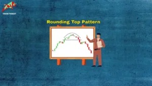 Illustration showing an instructor pointing to an easel-mounted candlestick chart that forms a smooth arch, highlighting the rounding top pattern and the subsequent downward price move.