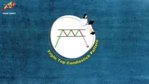 A graphic depicting the Triple Top Candlestick Pattern with red and green lines forming three peaks at roughly the same price level, and a trader with a laptop observing it.
