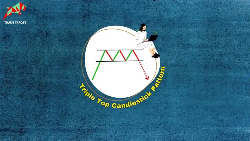 A graphic depicting the Triple Top Candlestick Pattern with red and green lines forming three peaks at roughly the same price level, and a trader with a laptop observing it.