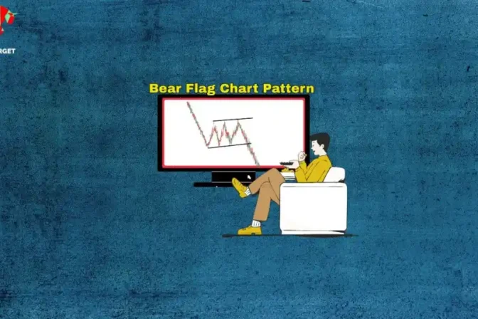 Digital art showing a person comfortably seated, observing a television screen that features a "Bear Flag Chart Pattern." The pattern, characterized by a flagpole and a downward-sloping flag, is a common technical analysis formation.