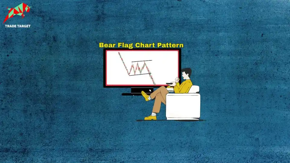 Digital art showing a person comfortably seated, observing a television screen that features a "Bear Flag Chart Pattern." The pattern, characterized by a flagpole and a downward-sloping flag, is a common technical analysis formation.