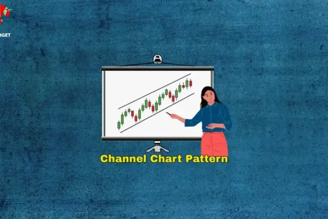 Female instructor explains channel chart pattern on whiteboard with green/red candlesticks & upward diagonal lines.