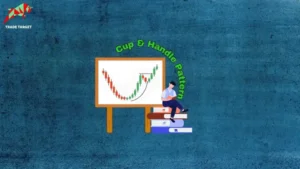 Digital art showing a stock chart with a distinctive "Cup & Handle Pattern" formed by candlesticks. A person is sitting on a stack of books, seemingly learning or observing the pattern. The text "Cup & Handle Pattern" is arched above the chart.