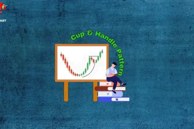 Digital art showing a stock chart with a distinctive "Cup & Handle Pattern" formed by candlesticks. A person is sitting on a stack of books, seemingly learning or observing the pattern. The text "Cup & Handle Pattern" is arched above the chart.