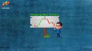A cartoon man pointing at a candlestick chart displayed on a wooden sign, highlighting a "Hanging Man Pattern" with green and red candlesticks. The "Trade Target" logo is in the top left corner.