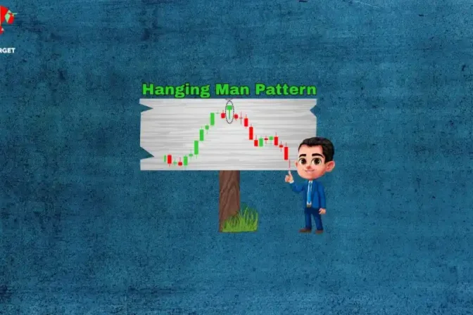 A cartoon man pointing at a candlestick chart displayed on a wooden sign, highlighting a "Hanging Man Pattern" with green and red candlesticks. The "Trade Target" logo is in the top left corner.