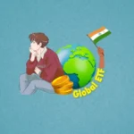 An illustration of a person looking thoughtfully at a globe, gold coins, and an Indian flag, representing global ETF investing.