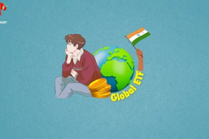 An illustration of a person looking thoughtfully at a globe, gold coins, and an Indian flag, representing global ETF investing.