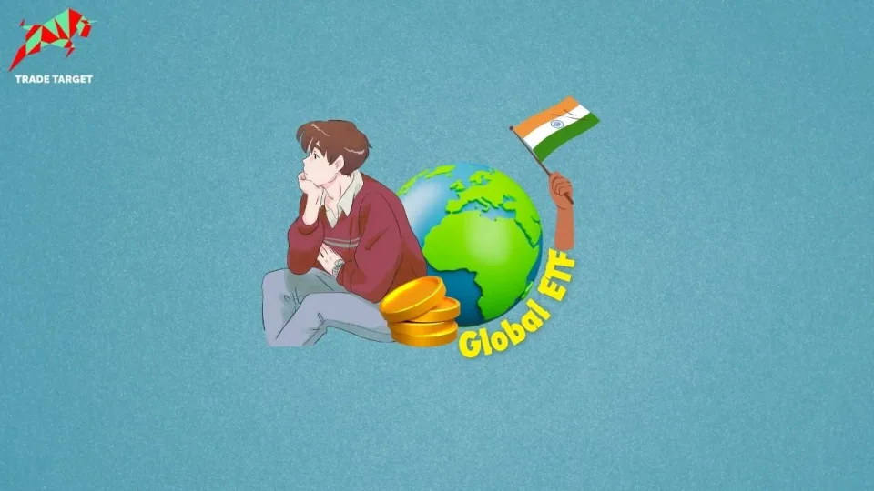 An illustration of a person looking thoughtfully at a globe, gold coins, and an Indian flag, representing global ETF investing.