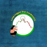 An illustration on a textured blue background. A person with dark hair, wearing an orange top and dark pants, is kneeling and looking through binoculars towards a large white circle. Inside the circle is a green and red candlestick chart, with a "Long Legged Doji Candlestick" highlighted and circled near the top of what appears to be a downtrend. The "TRADE TARGET" logo is in the upper left corner.