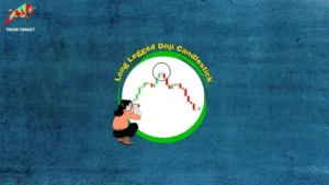 An illustration on a textured blue background. A person with dark hair, wearing an orange top and dark pants, is kneeling and looking through binoculars towards a large white circle. Inside the circle is a green and red candlestick chart, with a "Long Legged Doji Candlestick" highlighted and circled near the top of what appears to be a downtrend. The "TRADE TARGET" logo is in the upper left corner.