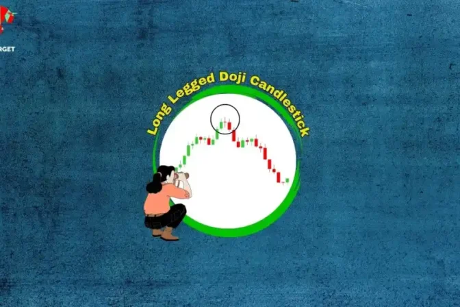 An illustration on a textured blue background. A person with dark hair, wearing an orange top and dark pants, is kneeling and looking through binoculars towards a large white circle. Inside the circle is a green and red candlestick chart, with a "Long Legged Doji Candlestick" highlighted and circled near the top of what appears to be a downtrend. The "TRADE TARGET" logo is in the upper left corner.
