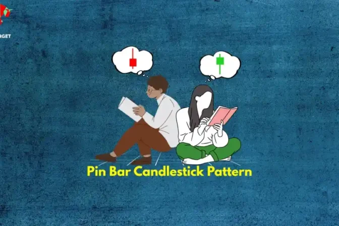 A graphic depicting a man and a woman sitting and reading, with thought bubbles above their heads showing a red bearish Pin Bar and a green bullish Pin Bar, labeled "Pin Bar Candlestick Pattern."