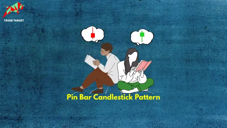 A graphic depicting a man and a woman sitting and reading, with thought bubbles above their heads showing a red bearish Pin Bar and a green bullish Pin Bar, labeled "Pin Bar Candlestick Pattern."
